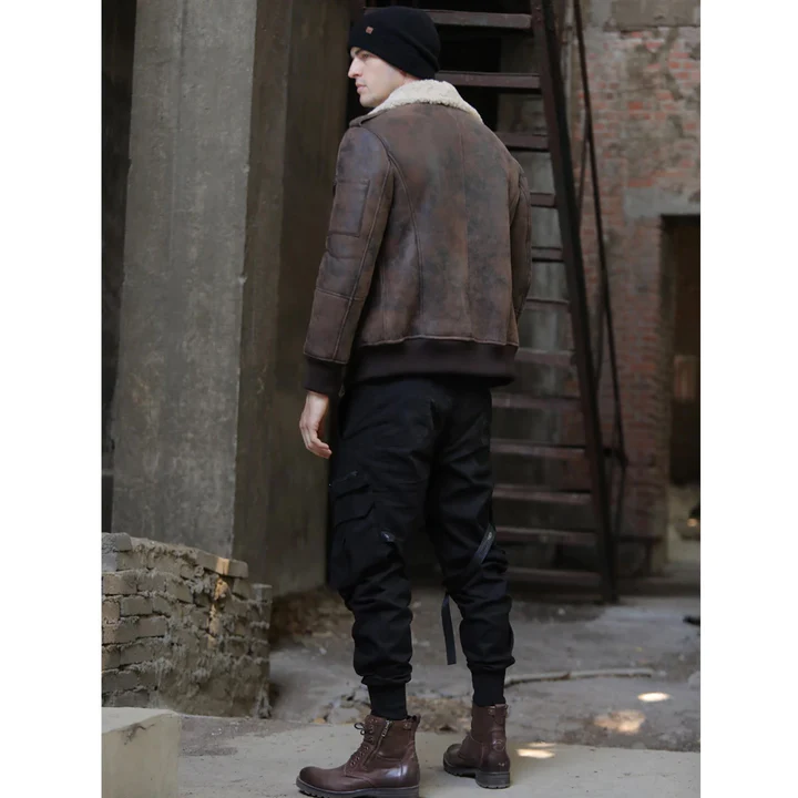 New Mens Chocolate Brown Sheepskin Shearling RAF Flight Aviator Leather Bomber Jacket