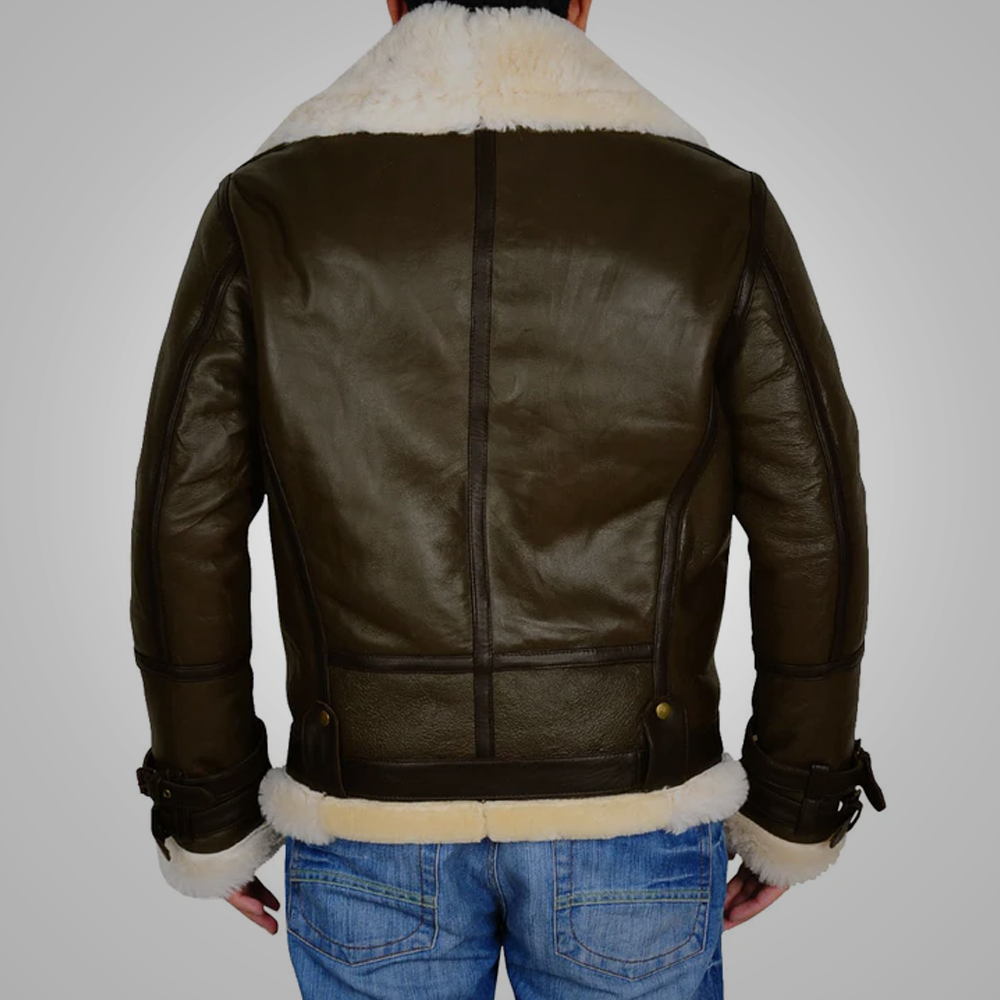 New Men Sheepskin Shearling Army Green B3 Bomber Genuine Leather Jacket