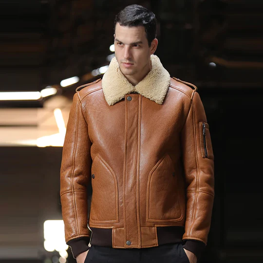 New Brown Lambskin Flight Airforce Shearling Leather B3 Bomber Jacket For Men