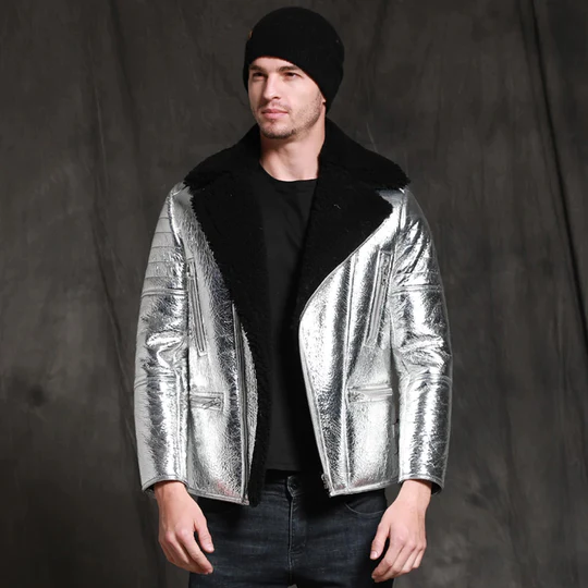 Mens Lambskin Aircraft Pilot Shinny Shearling Silver Genuine Leather Jacket