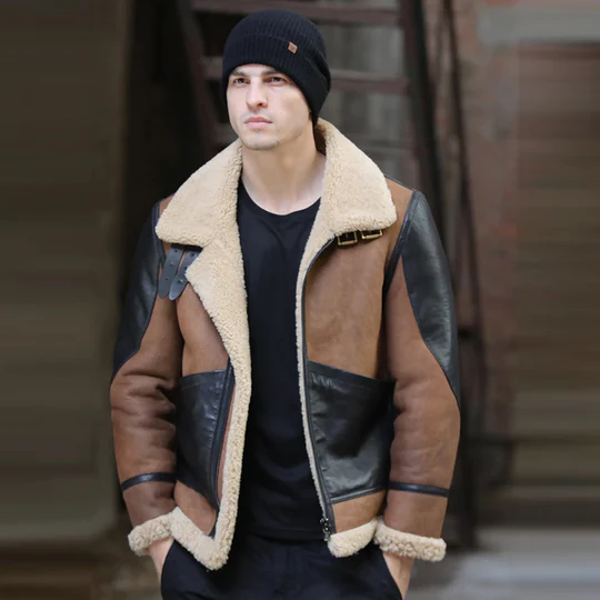 New Black and Brown Mens Two Tone Shearling B3 RAF Flying Aviator Leather Jacket