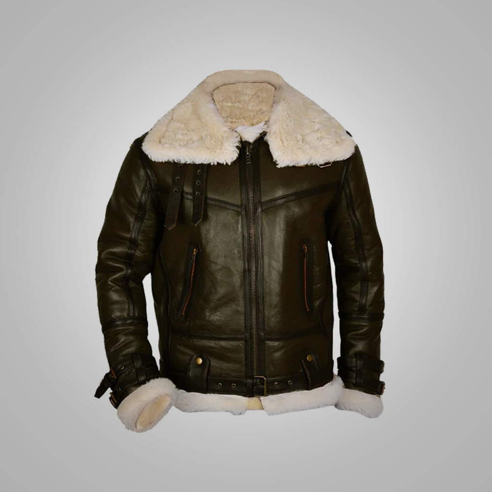 New Men Sheepskin Shearling Army Green B3 Bomber Genuine Leather Jacket