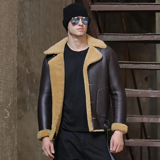 New Men Dark Brown Sheepskin Shearling B3 Flight Leather Bomber Jacket