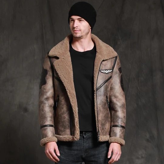 New Brown Mens RAF Lambskin Aviator Waxed B3 Bomber Leather Jacket