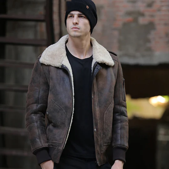 New Mens Chocolate Brown Sheepskin Shearling RAF Flight Aviator Leather Bomber Jacket