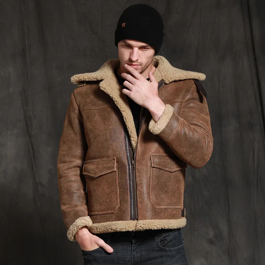 New Mens Brown Short Lambskin Fur Shearling Leather Bomber Jacket Coat