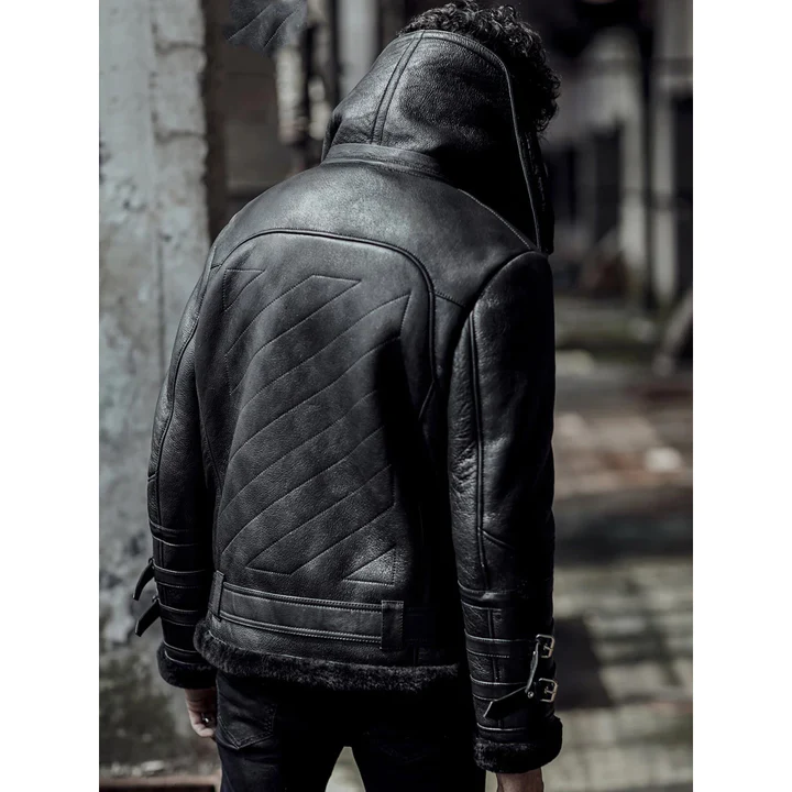 New Men Black Double Collar Flight Airforce Sheepskin Shearling Aviator B3 Bomber Leather Jacket