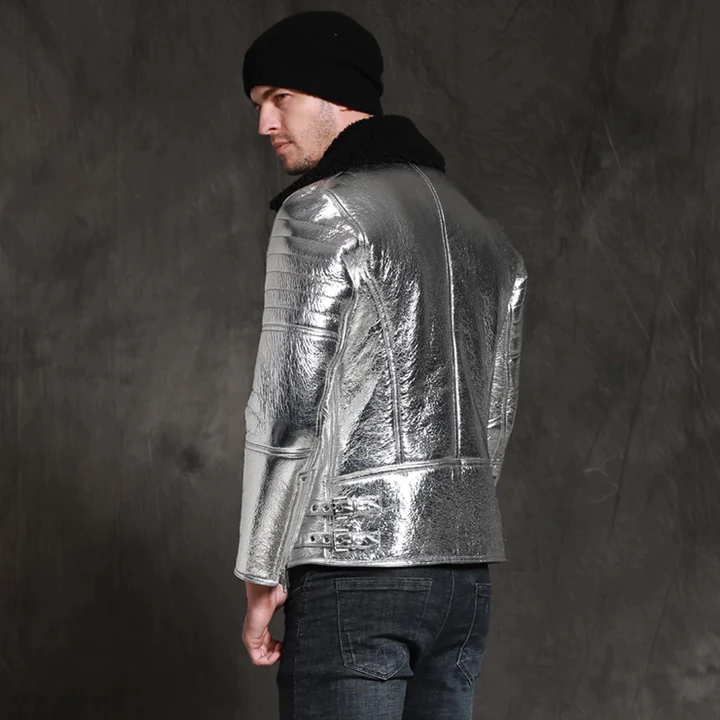 Mens Lambskin Aircraft Pilot Shinny Shearling Silver Genuine Leather Jacket