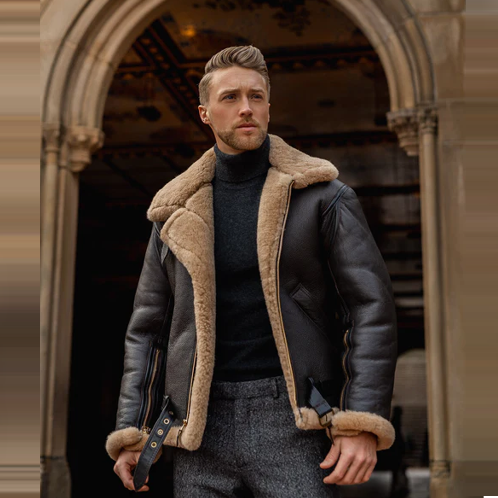 New Men's Aviator RAF Black Belted B3 Bomber Flying Sheepskin Shearling Leather Jacket With Fur