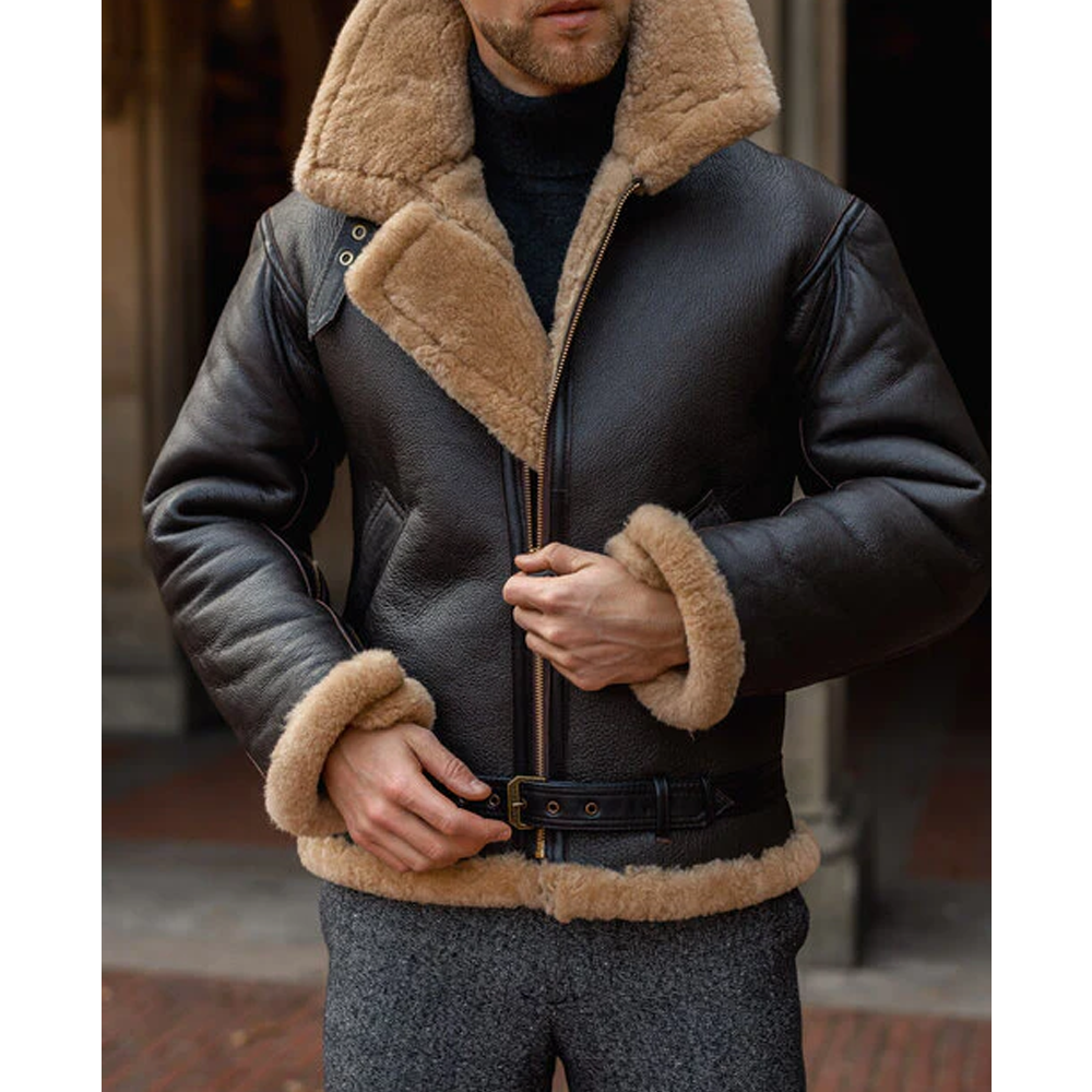 New Men's Aviator RAF Black Belted B3 Bomber Flying Sheepskin Shearling Leather Jacket With Fur