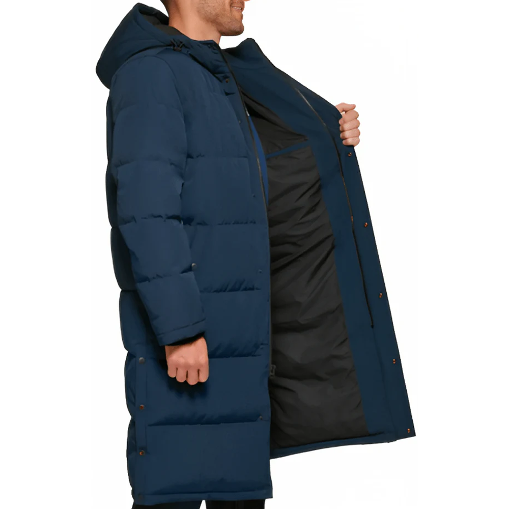 New 2025 Men's Hood Navy Blue Trench Puffer Coat