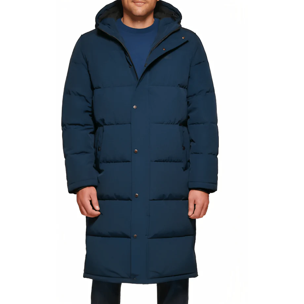 New 2025 Men's Hood Navy Blue Trench Puffer Coat