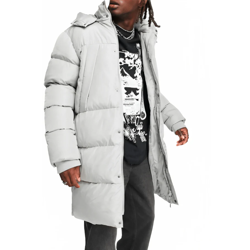 White Trench Puffer Coat With Removable Hood For Men