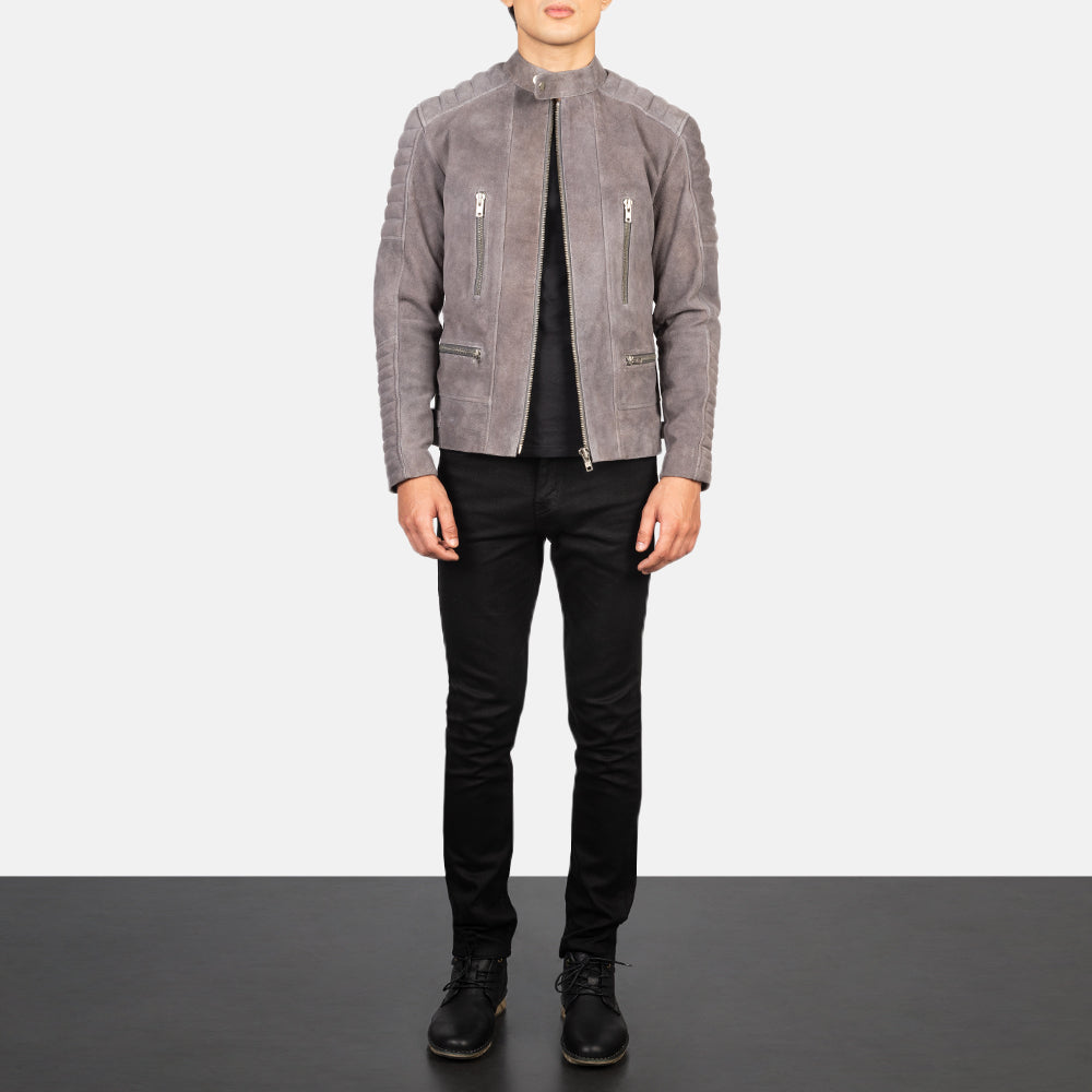 New Men’s Dark Charcoal Suede Motorcycle Leather Bomber Jacket
