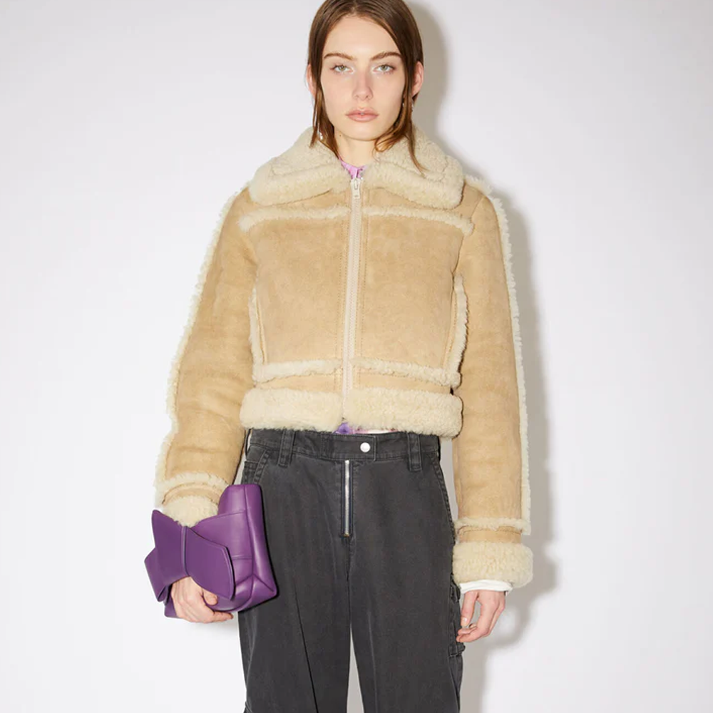 New Best Sheepskin Shearling Women Aviator Leather Jacket in brown