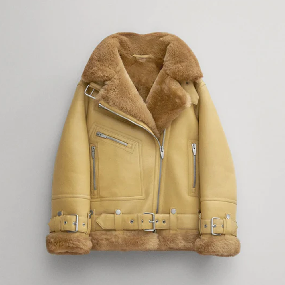 New Light Brown Sheepskin Shearling Fashion RAF Aviator Styled Leather Jacket