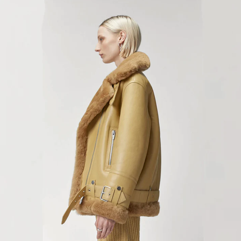 New Light Brown Sheepskin Shearling Fashion RAF Aviator Styled Leather Jacket