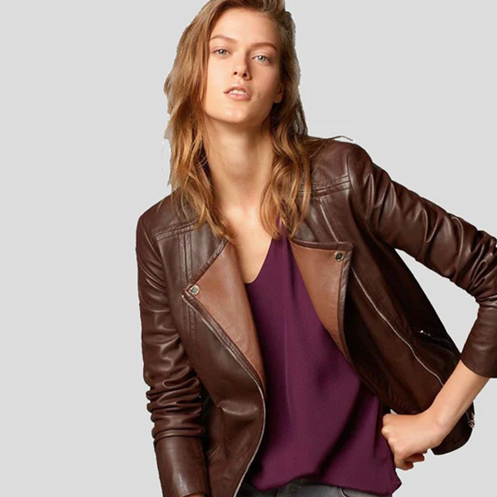 New Olivia Brown Motorcycle Sheepskin Leather Biker Jacket For Women