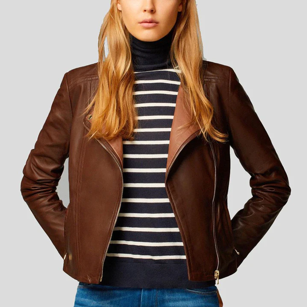New Olivia Brown Motorcycle Sheepskin Leather Biker Jacket For Women
