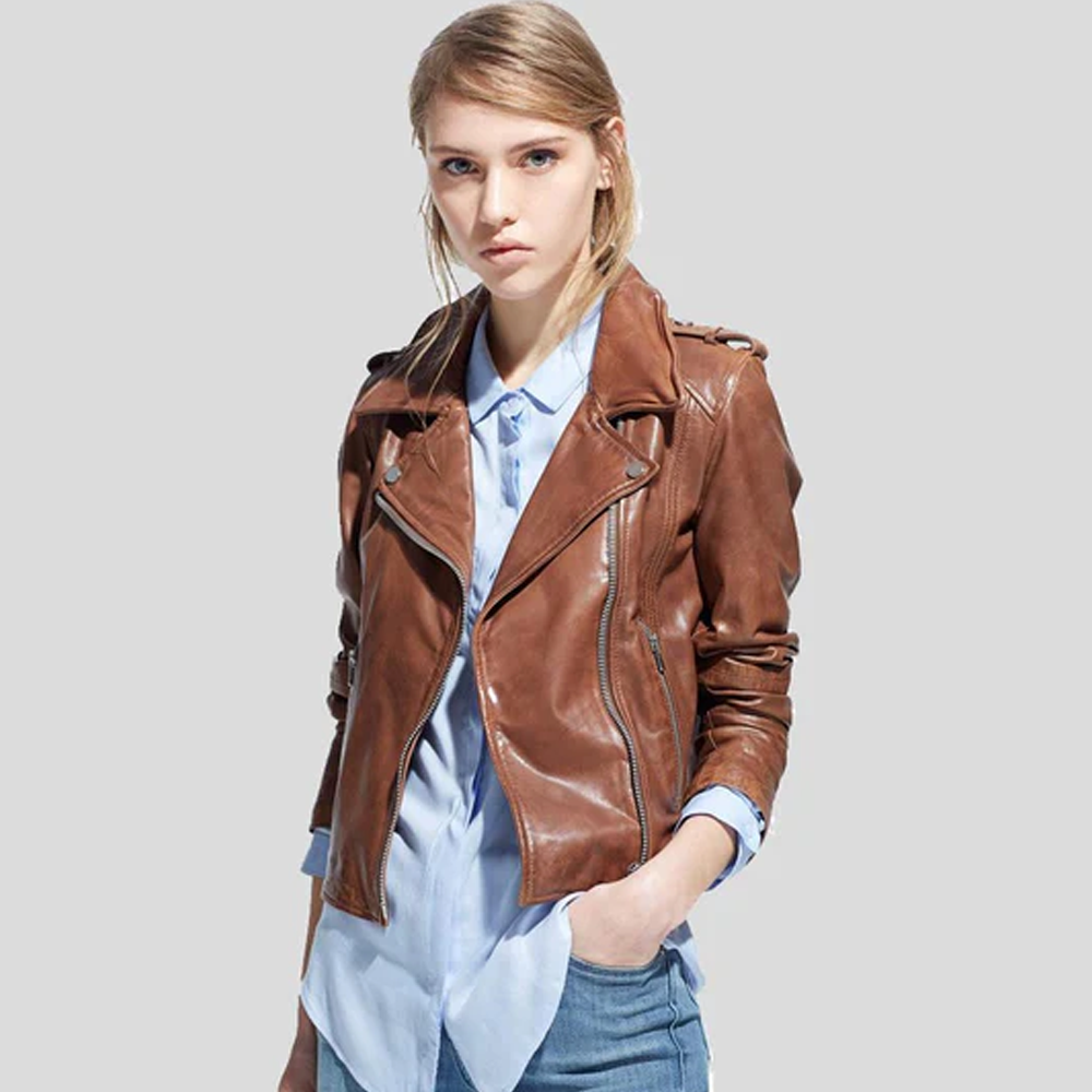 New Women Aviator Sheepskin Emma Brown Motorcycle Leather Biker Jacket