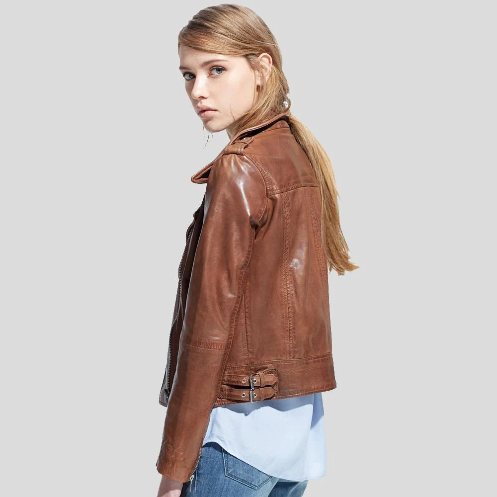 New Women Aviator Sheepskin Emma Brown Motorcycle Leather Biker Jacket