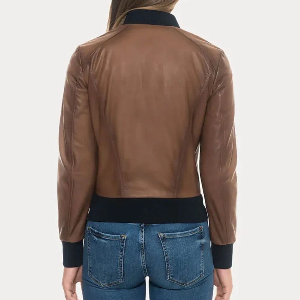 New Women Sugar Brown Lambskin Soft Leather Bomber Jacket