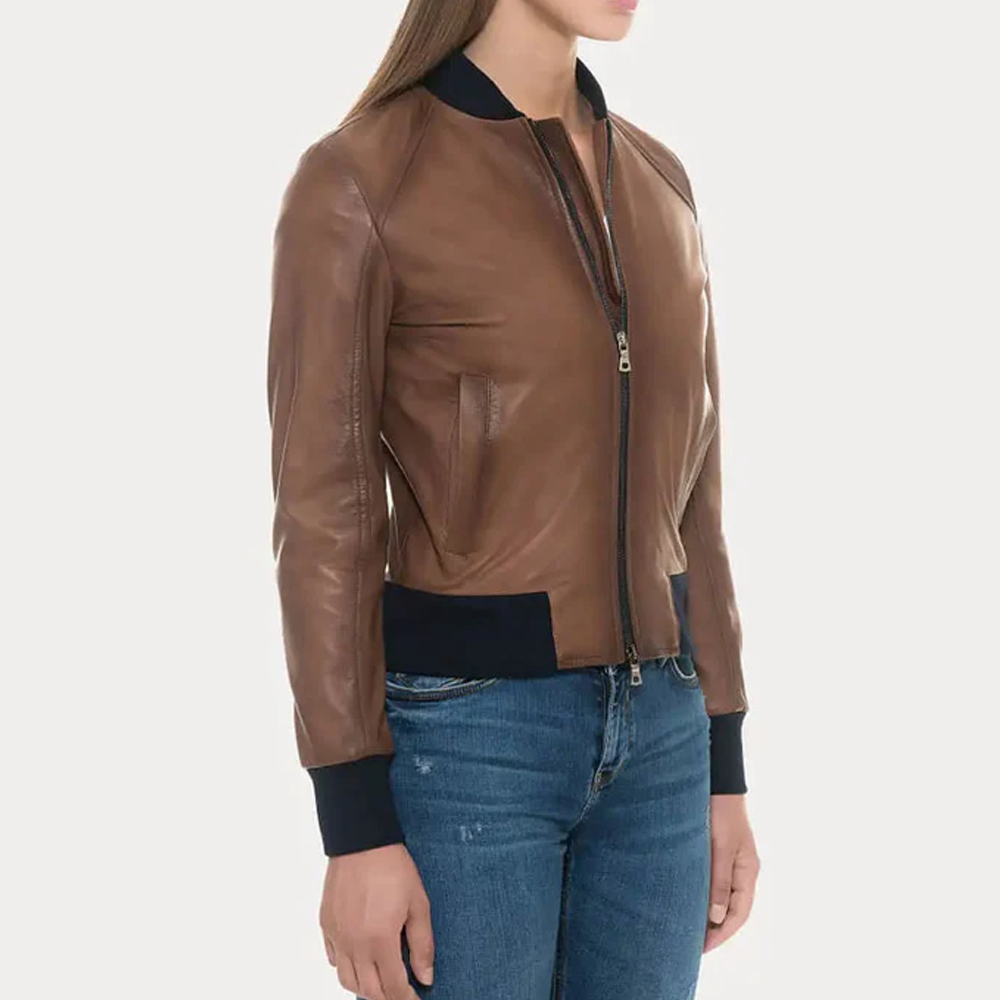 New Women Sugar Brown Lambskin Soft Leather Bomber Jacket