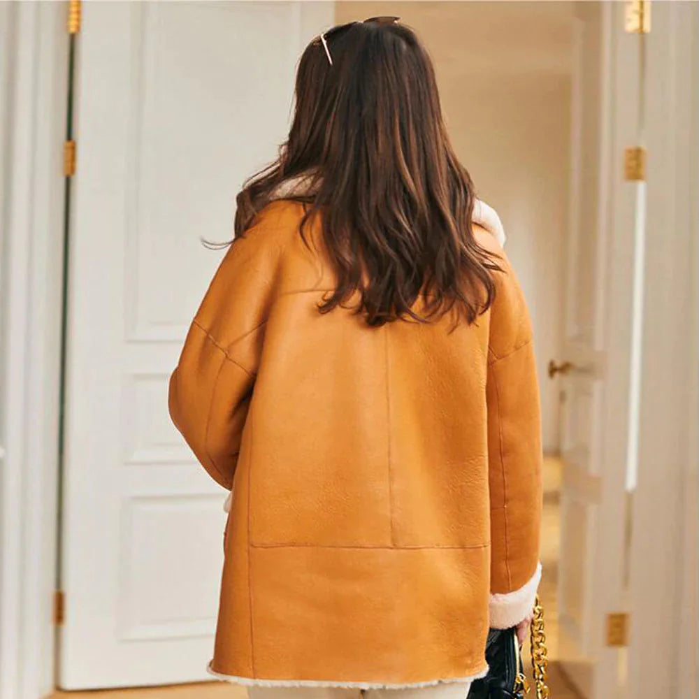 New Sheepskin Leather Aviator Shearling Coat For Women