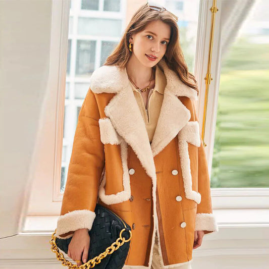 New Sheepskin Leather Aviator Shearling Coat For Women