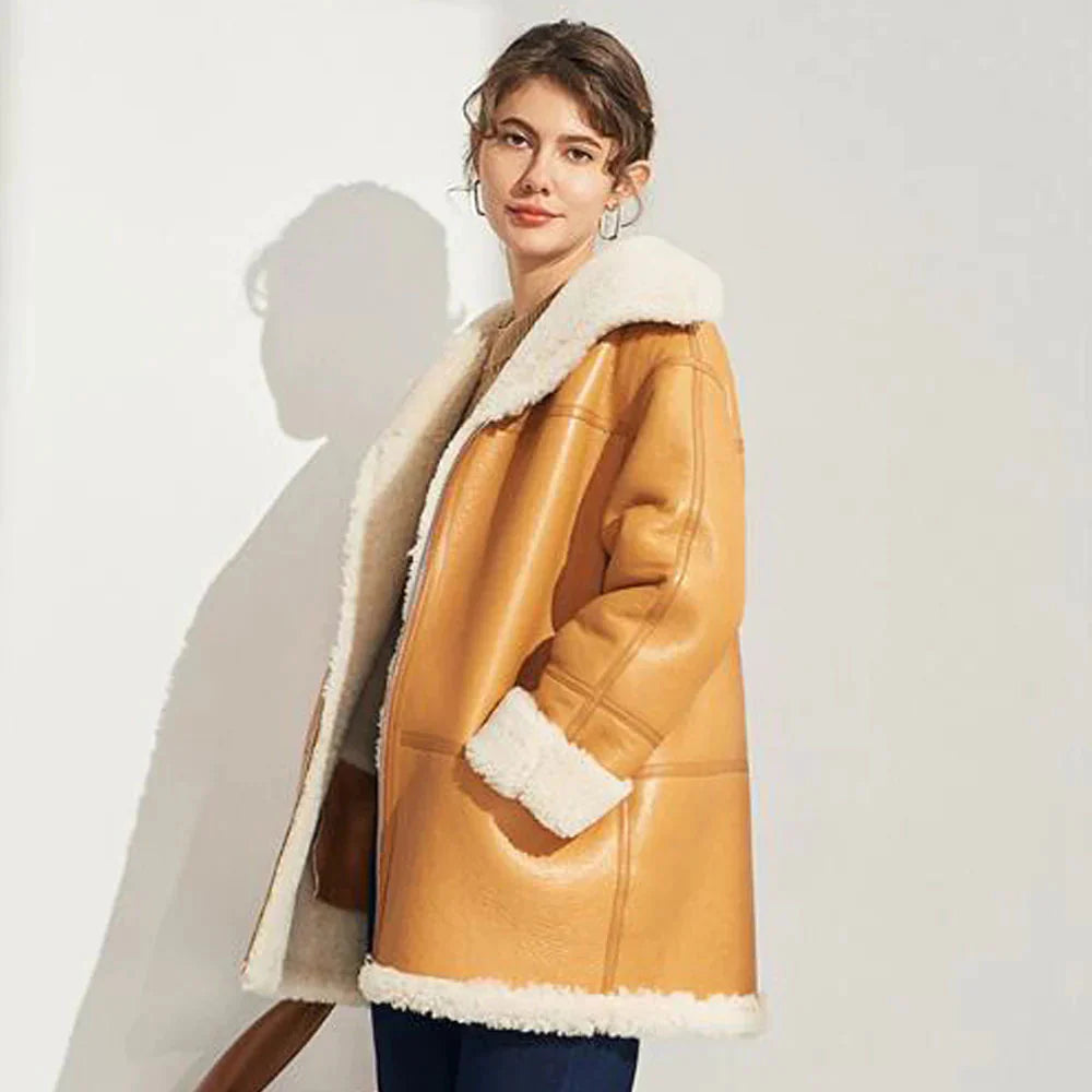 Women Brown Sheepskin Shearling Leather Coat