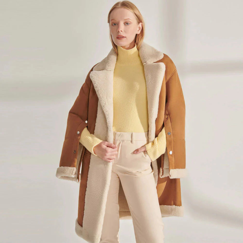 New Women's Brown Shearling Suede Leather Long Coat