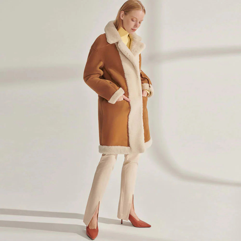 New Women's Brown Shearling Suede Leather Long Coat