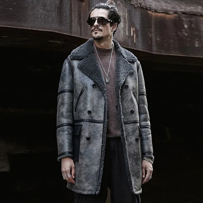 New Men Lambskin Shearling Leather Coat with Turn Down Collar