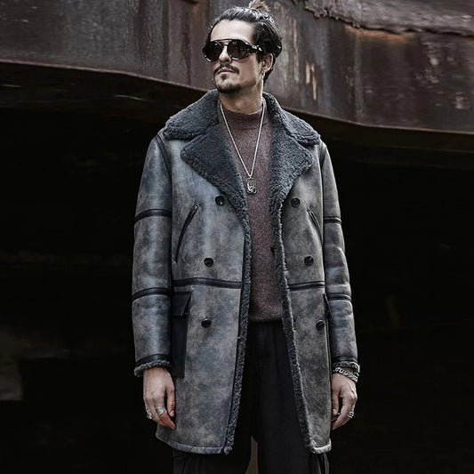 New Men Lambskin Shearling Leather Coat with Turn Down Collar