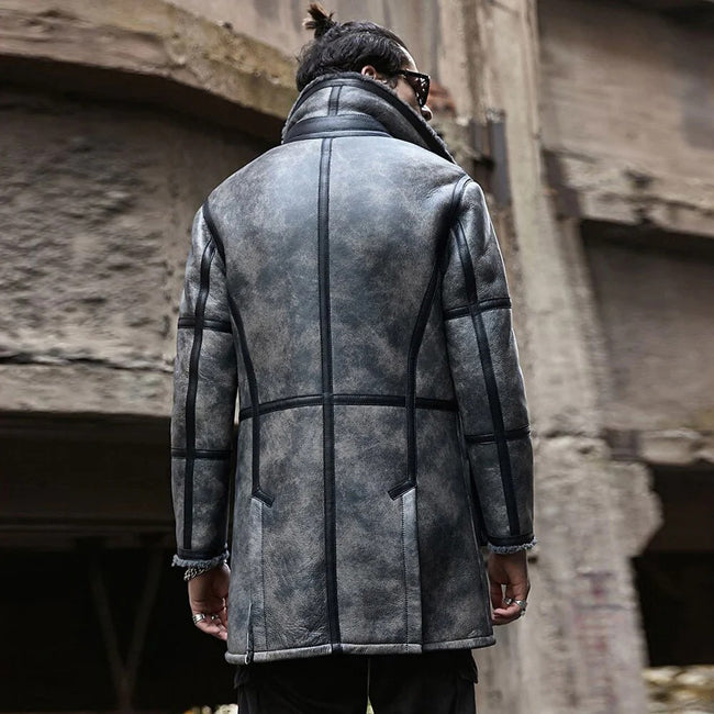New Men Lambskin Shearling Leather Coat with Turn Down Collar