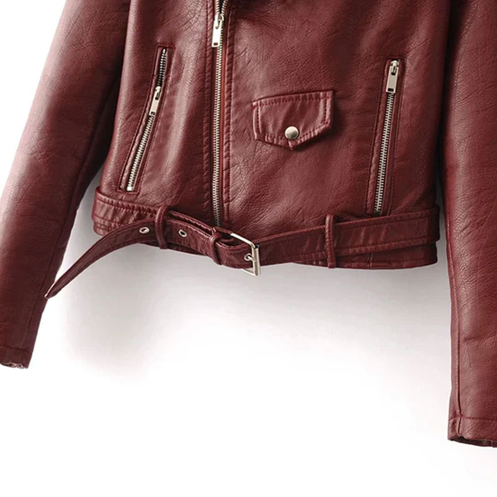 New Sheepskin Red Women's Leather Motorcycle Leather Biker Jacket