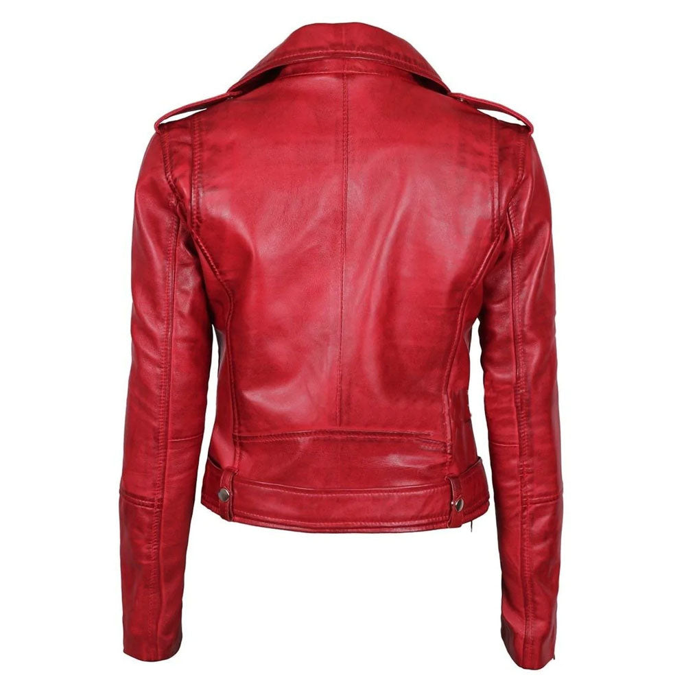 Women Stylish Lambskin Red Motorcycle Leather Biker Jacket