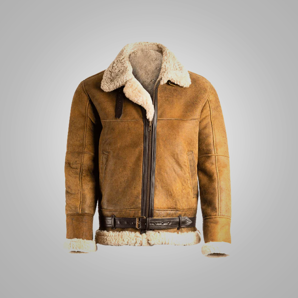 New Aviator Mens Brown Lambskin Shearling B3 Leather Jacket With Fur Cuffs