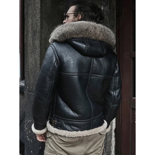 New Men's Black Sheepskin Hooded Aviator B3 RAF Shearling Leather Jacket