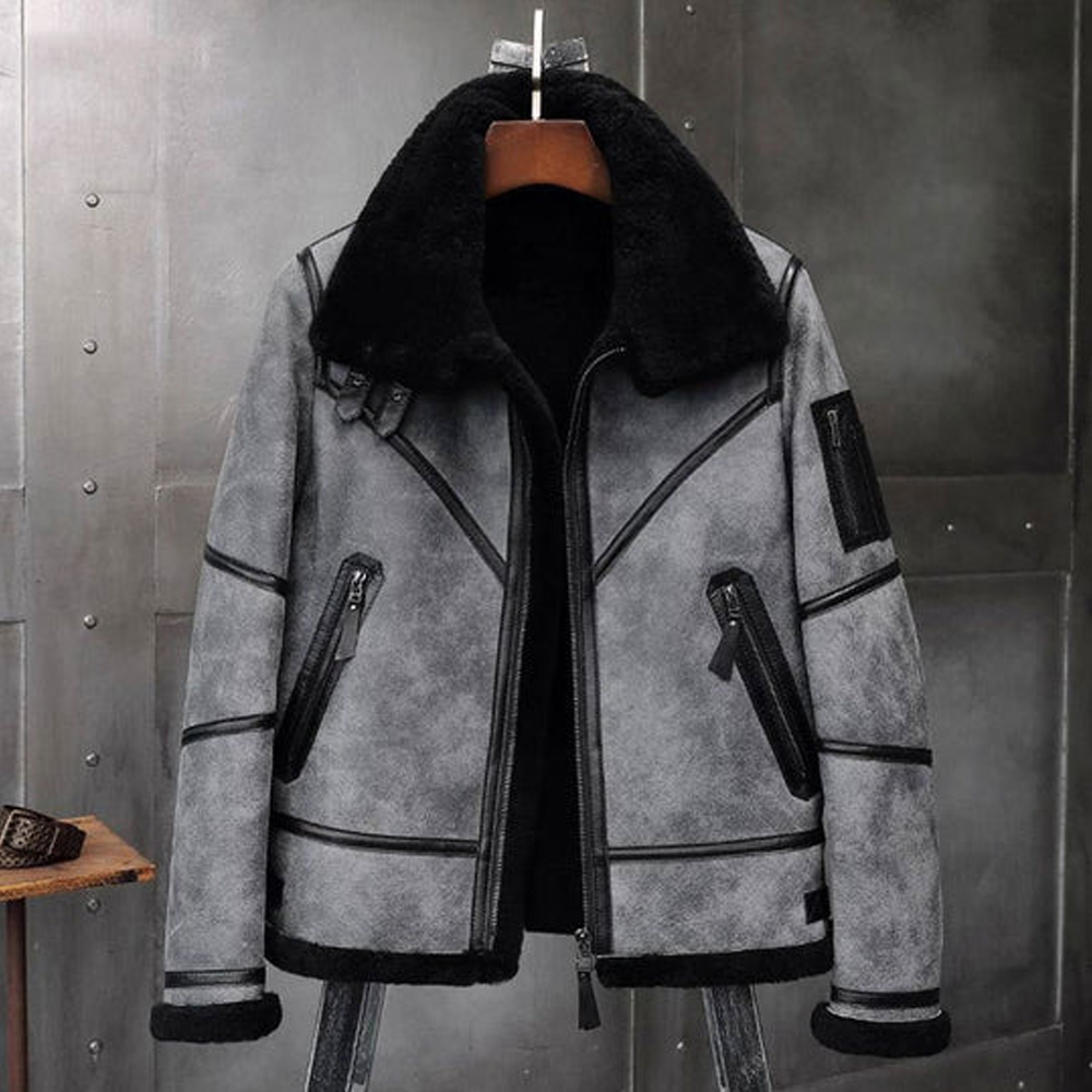 New Men B3 Bomber Grey Sheepskin Shearling Leather Jacket
