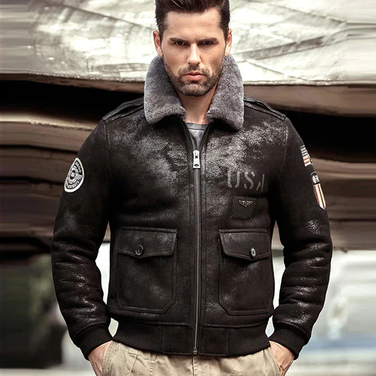 New Mens RAF B3 Flight Lambskin Shearling Leather Biker Jacket
