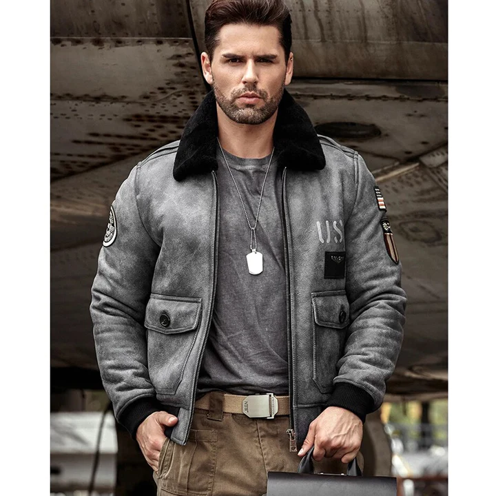 New Mens B3 RAF Flight Sheepskin Grey Shearling Leather Jacket Coat With Black Fur