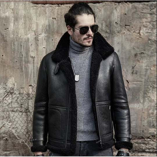 New Black Men B3 RAF Lambskin Aviator Shearling Leather Jacket With Black Fur