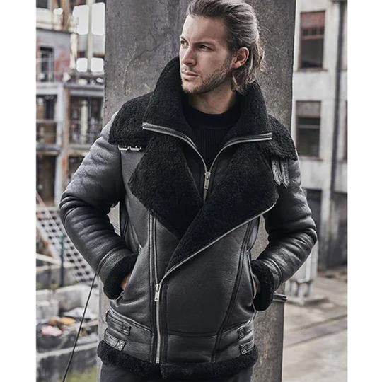 Men B3 Classic Sheepskin Shearling Motorcycle Bomber Leather Jacket With Black Fur