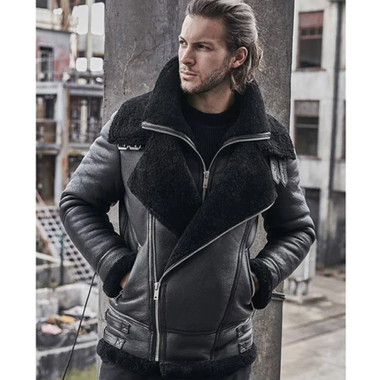 Men B3 Classic Sheepskin Shearling Motorcycle Bomber Leather Jacket With Black Fur