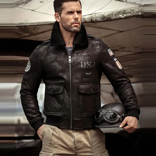 New Black RAF B3 Lambskin Shearling Suede Leather Bomber Jacket For Men