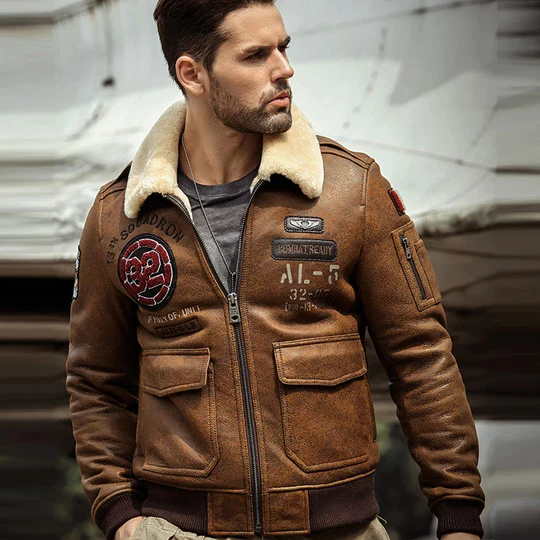 New Brown B3 Airforce Embroidered Sheepskin Leather Bomber Jacket For Men