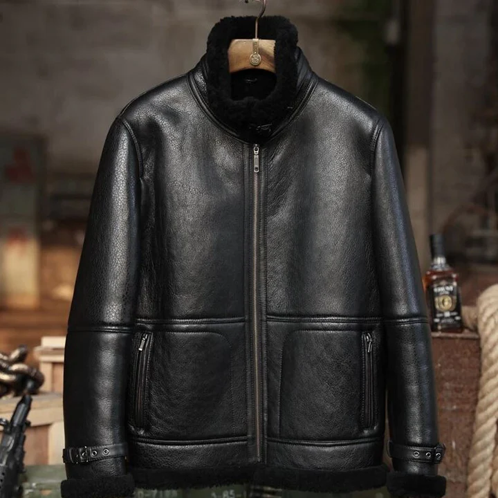 New Black Men B3 RAF Lambskin Aviator Shearling Leather Jacket With Black Fur