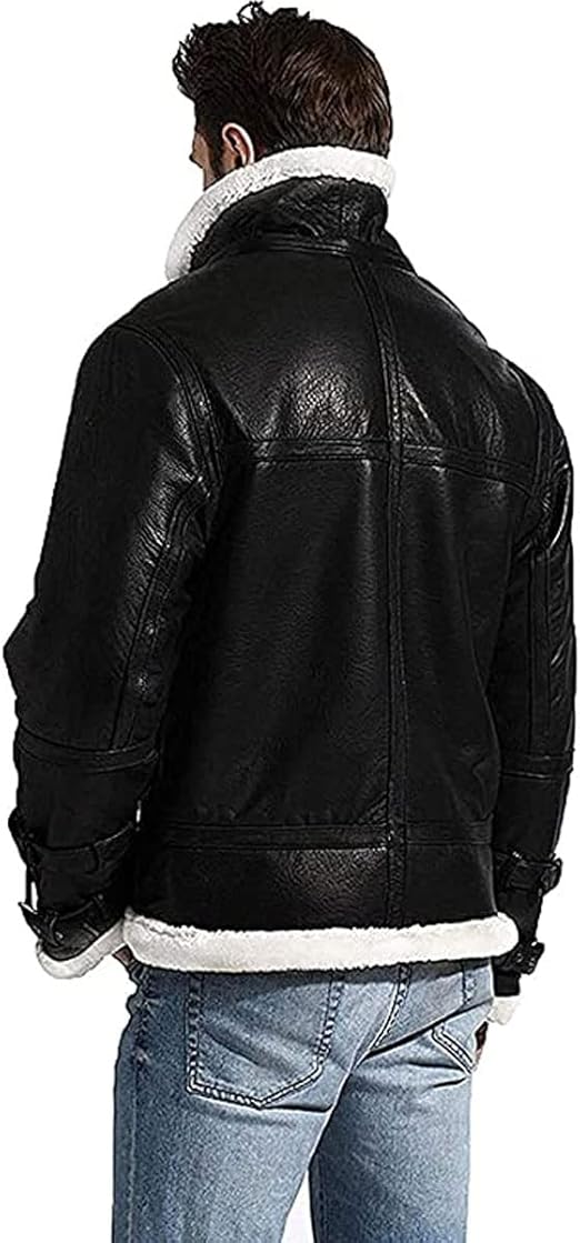 New B3 Winter WW2 Aviator Fighter Pilots RAF Sheepskin Shearling Bomber White Fur Stylish Black Leather Jacket For Men