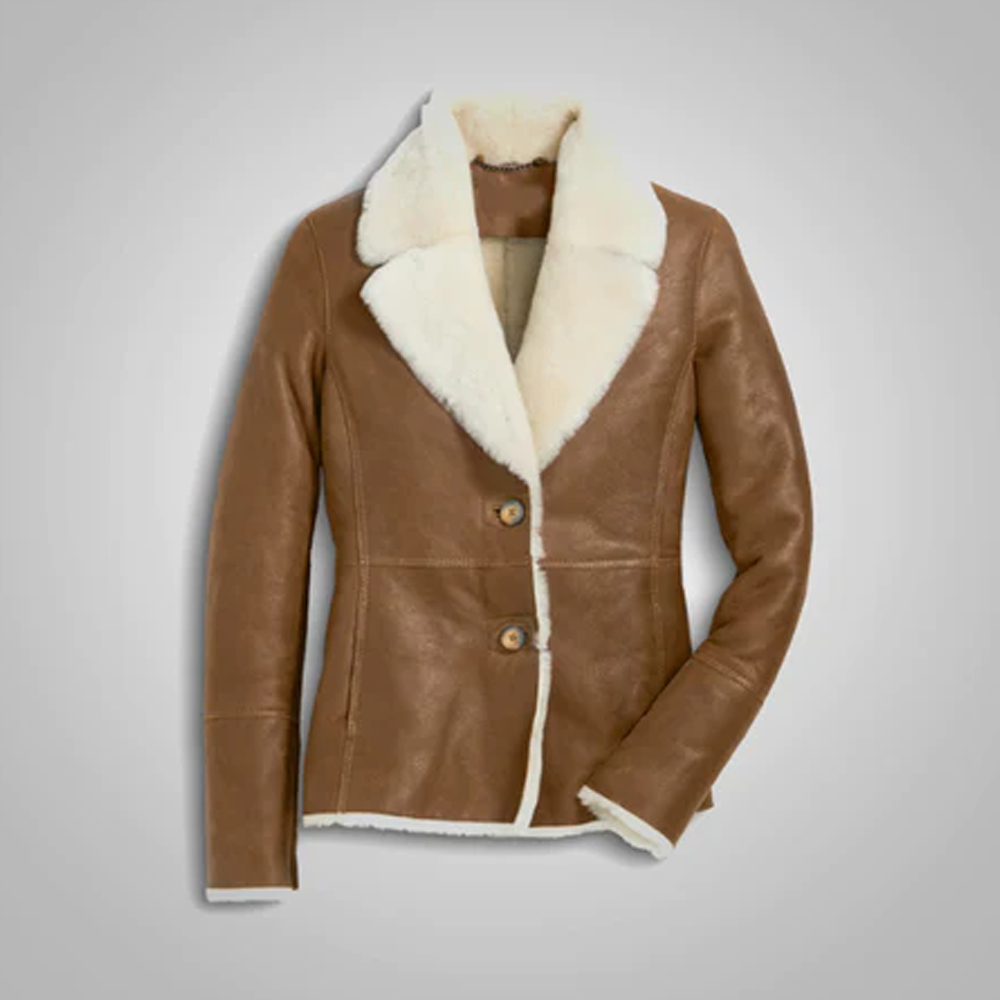 Women Camel Brown Lambskin Shearling B3 Pilot Leather Aviator Jacket